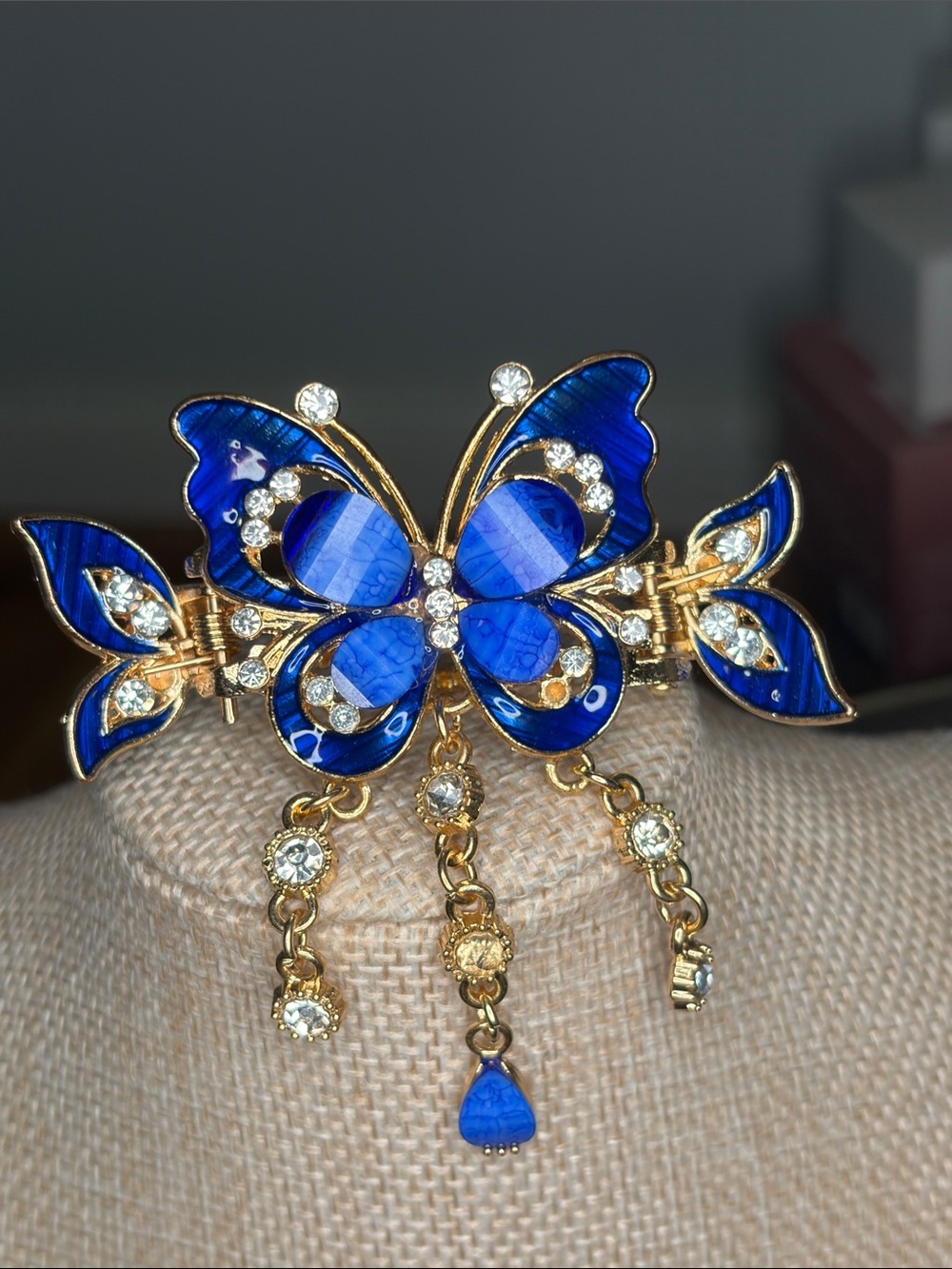 Blue Butterfly Gold-Tone Crystal Hair Clip - Elegant Women's Jewelry